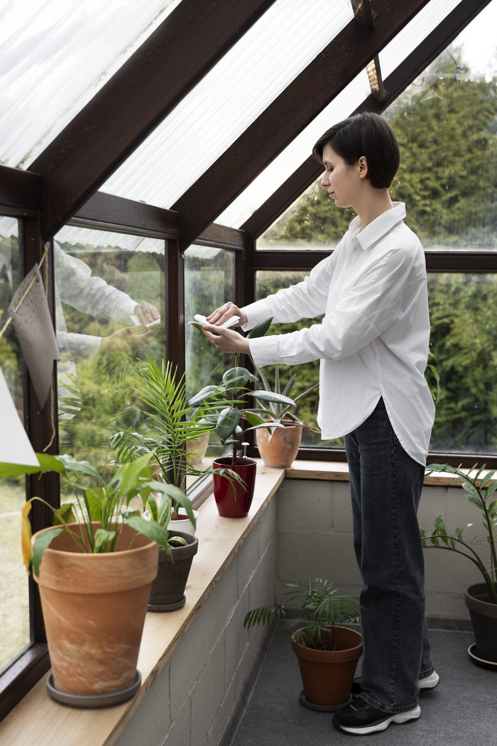 plein-coup-femme-essuyant-la-feuille-de-la-plante